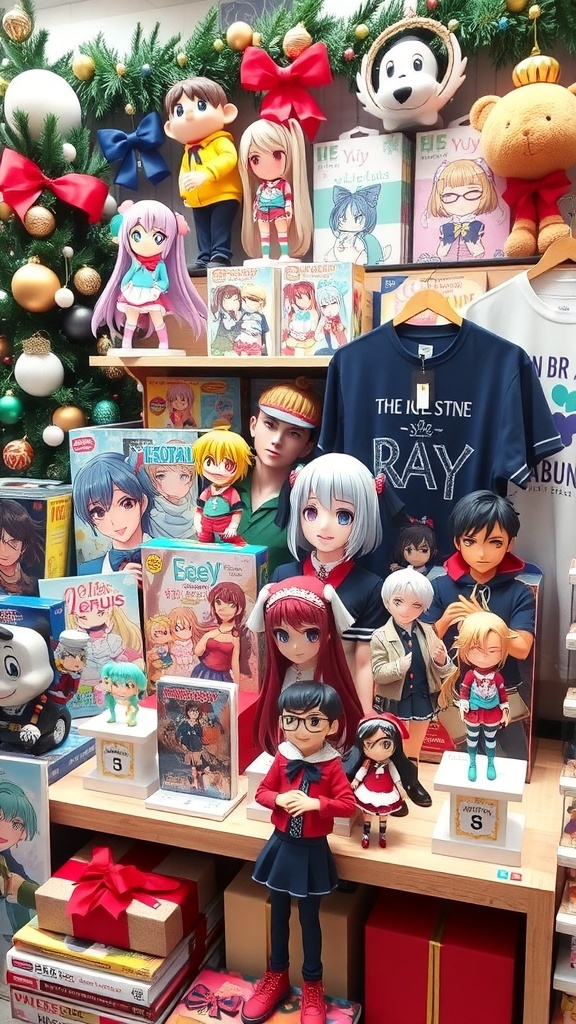 A collection of anime gifts including figurines, clothing, and art books, decorated with holiday elements.